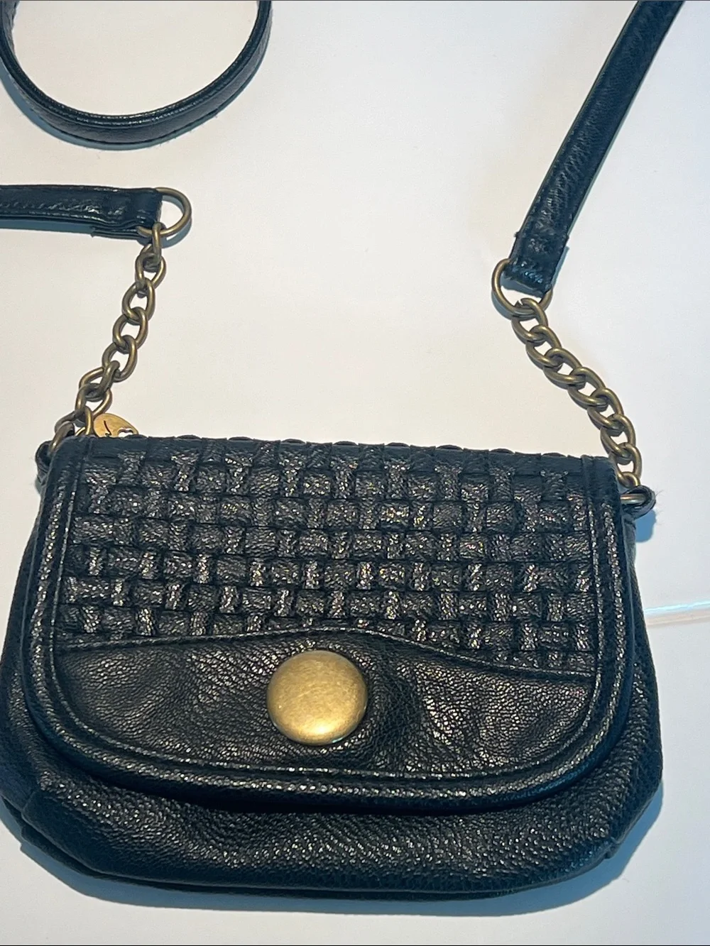 American Rag Black Woven Leather Crossbody with Brass Accent
